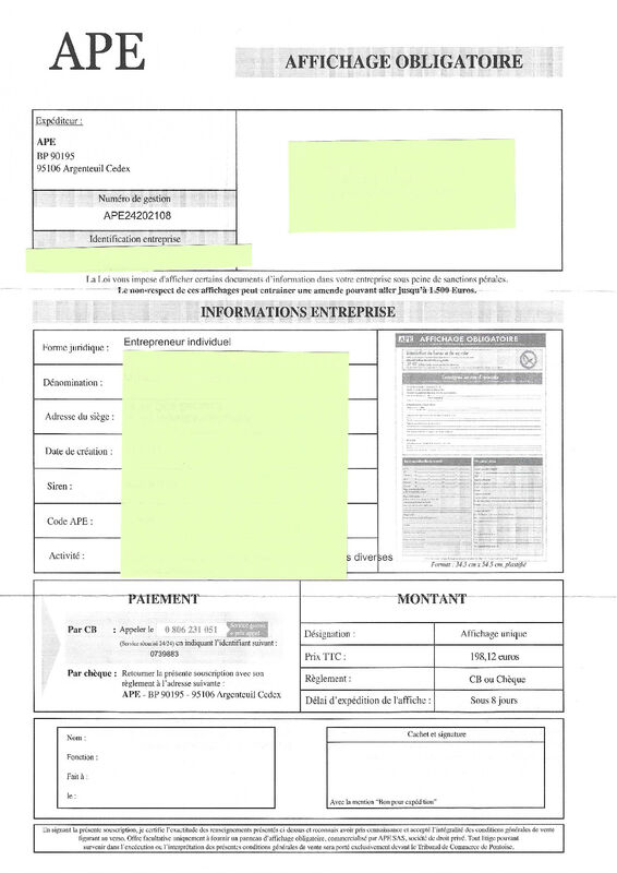 contactapefrance.fr 0806231051 APE Affichage Obligatoire Arnaque financière