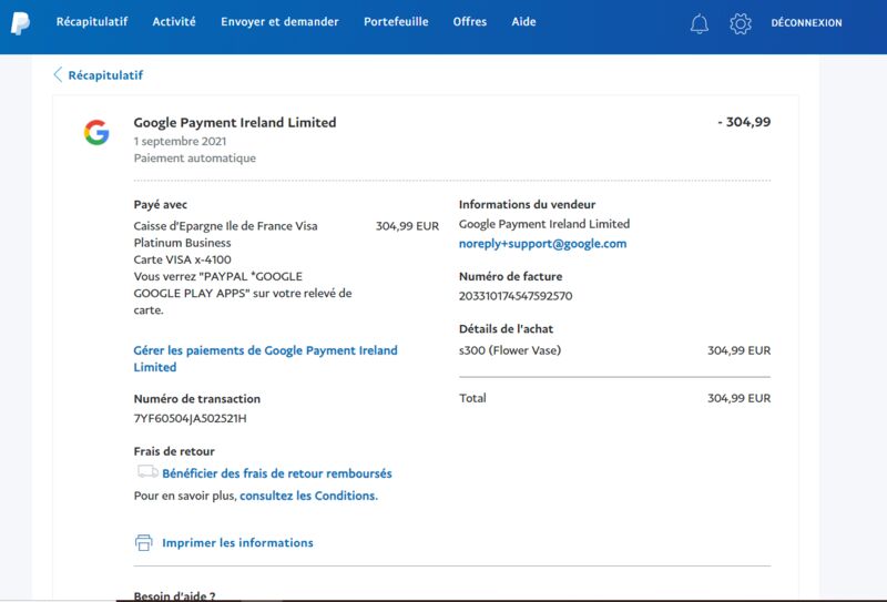 Google Payment Ireland Limited Arnaque via PayPal 1 commentaire