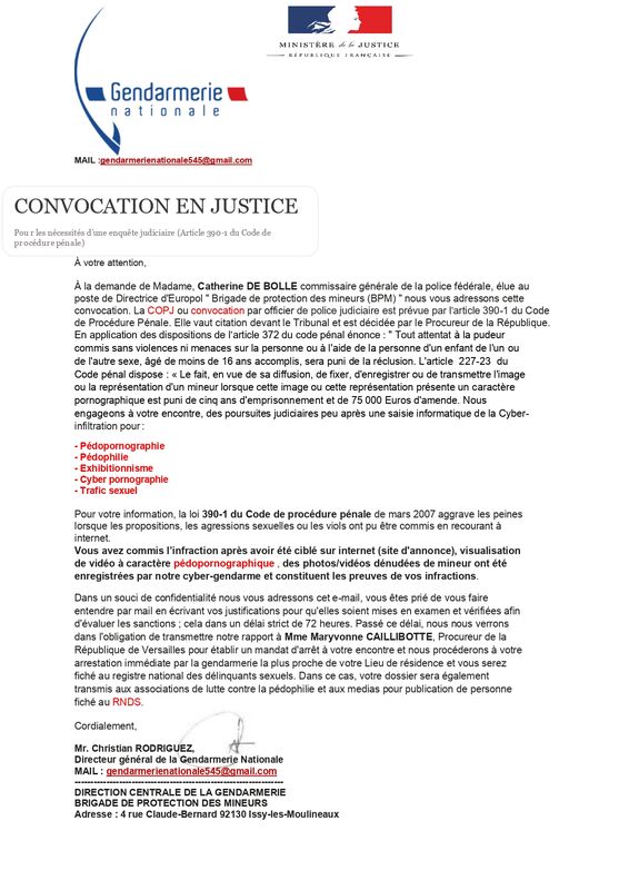 Gendarmerie Nationale CONVOCATION EN JUSTICE Autre arnaque