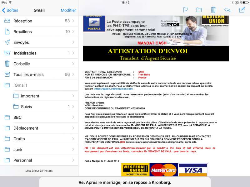 Envoi Western Union Par La Poste marc.bedu03@hotmail.fr | 49842439 | Marc bedu | Arnaque via PayPal