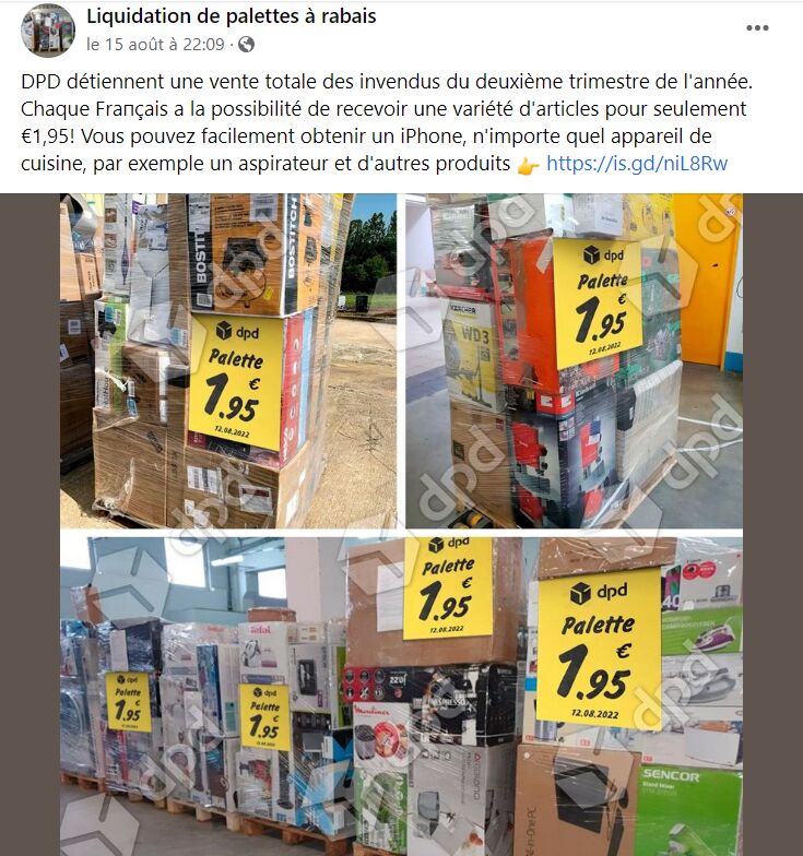 Liquidation dе palettes à rabais, Arnaque réseaux sociaux