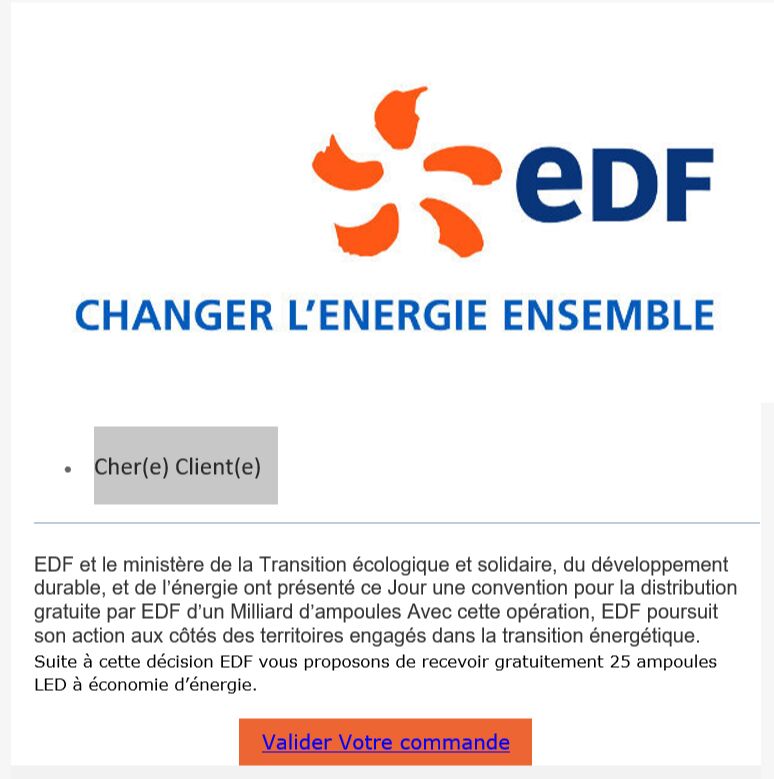 EDF 25 ampoules LED Arnaque identité (Phishing) 1 commentaire