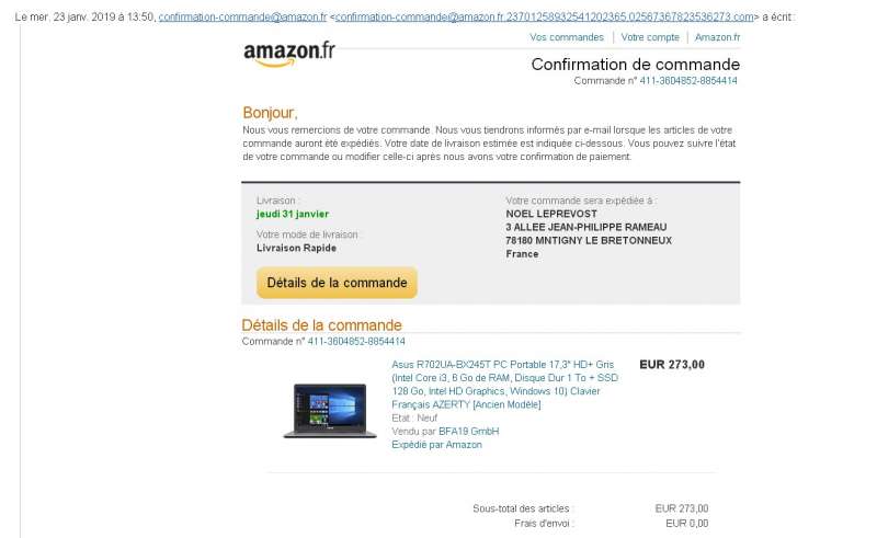 confirmation-commande@amazon.fr | BFA19 GmbH | Arnaque site annonce | 3
