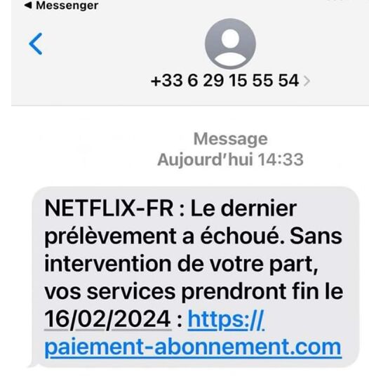 06 29 15 55 54 Netflix prélèvement échoué 1 signalement