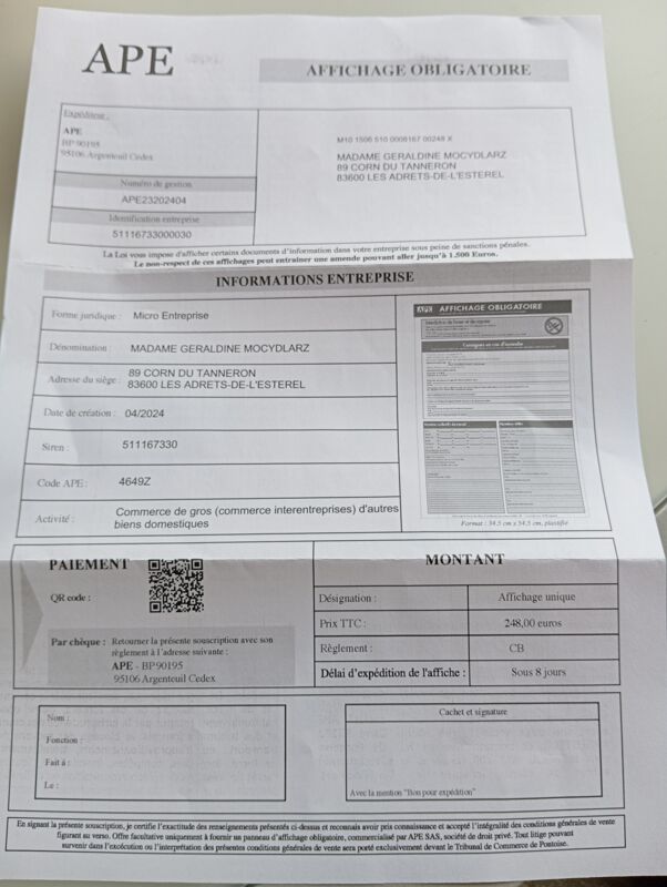 APE, BP90195, 95106 Argenteuil Cedex 1 signalement